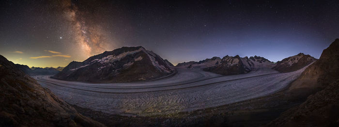 Milky way rising over a glacier in the swiss alps