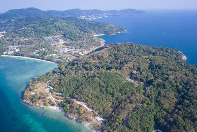 High angle view of bay and rocky mountains