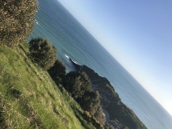 High angle view of sea against clear sky