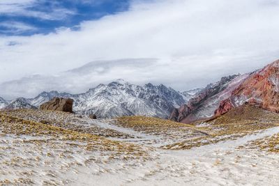 Scenic view of snowcapped mountains against sky