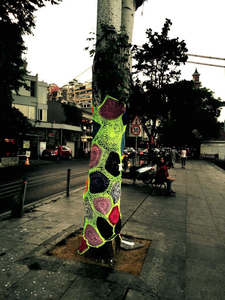 tree, street, city, building exterior, architecture, sidewalk, built structure, flower, city life, lifestyles, person, road, transportation, incidental people, rear view, leisure activity, day, outdoors