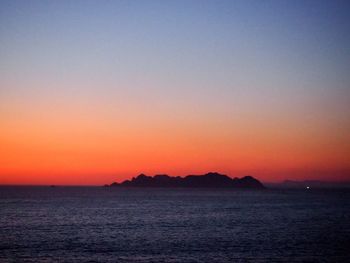 Scenic view of sea against romantic sky at sunset