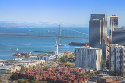 View of suspension bridge with city in background