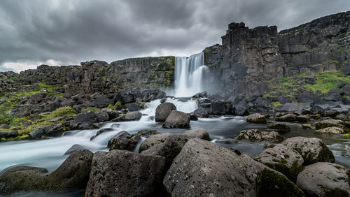 Scenic view of waterfall against rocks