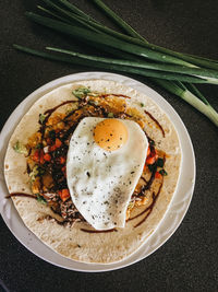 High angle view of breakfast served on table