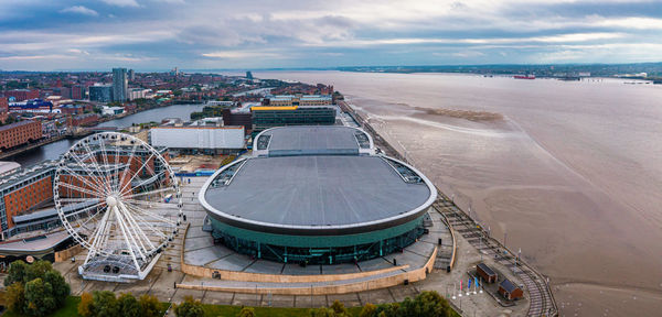 Aerial view of the liverpool wheel and echo arena in liverpool, uk.