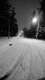 Snow covered trees against sky at night