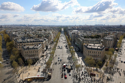 Aerial view of champs-elysees avenue from terrace of arc de triomphe, france
