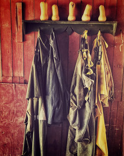 Close-up of clothes hanging on wall