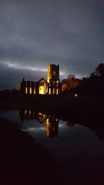 Reflection of building in water at night