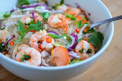 Close-up of prawn salad in bowl on table