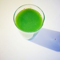 Close-up of drink on table against white background