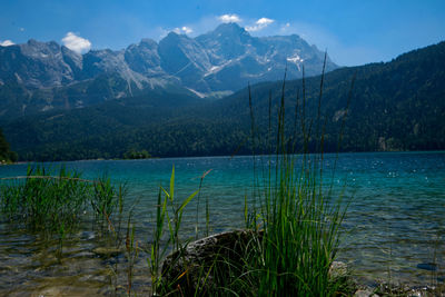 Scenic view of lake and mountains against sky