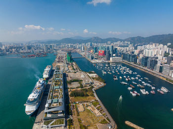 Aerial view of harbor in city