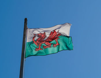 Low angle view of welsh flag against clear blue sky