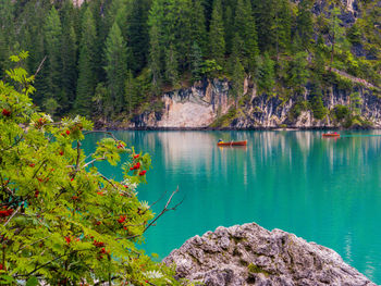 Scenic view of lake by trees against mountain