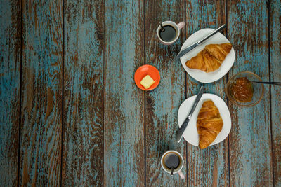 High angle view of breakfast on table