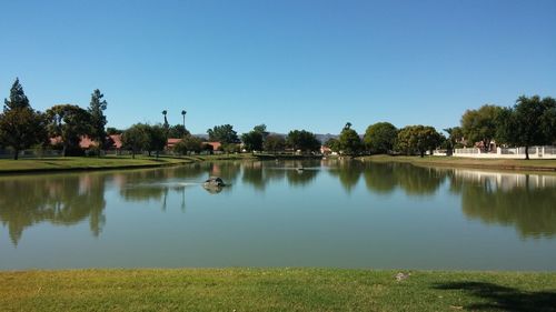 Scenic view of calm lake against clear sky