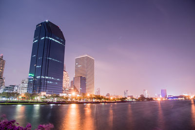 View of city lit up at night