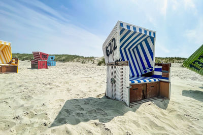 Built structures on beach against sky