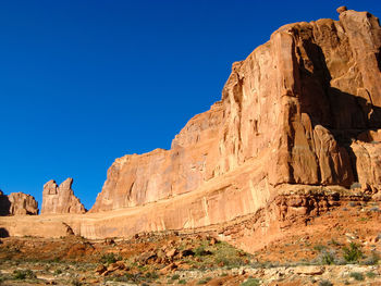 Low angle view of rock formations against clear blue sky