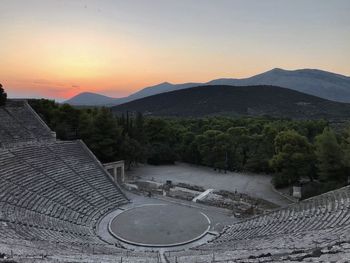 High angle view of mountains against sky during sunset