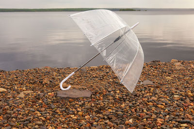 High angle view of umbrella on beach