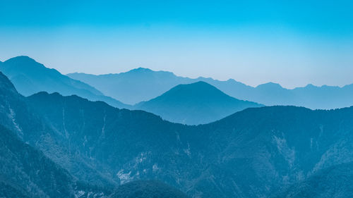 Scenic view of snowcapped mountains against clear sky