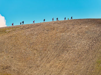 Low angle view of people on land against clear sky