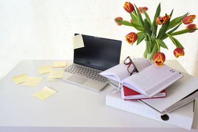 High angle view of laptop on table