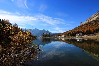 Scenic view of lake by trees against sky