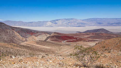 High angle view of landscape against clear blue sky