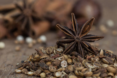 Close-up of dry leaf on table