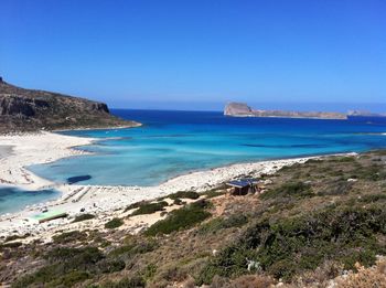 Scenic view of sea against clear blue sky