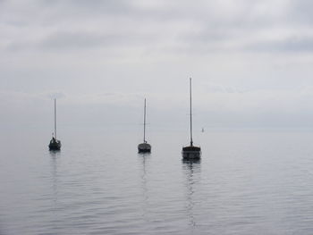 Sailboats in sea against sky