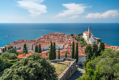 High angle view of buildings by sea against sky