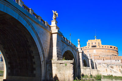 Low angle view of historical building against clear blue sky