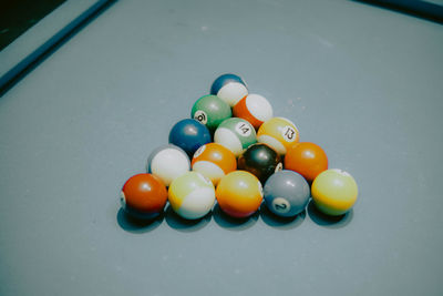 Close-up of multi colored balls on table
