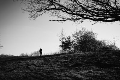 Silhouette person on field against clear sky