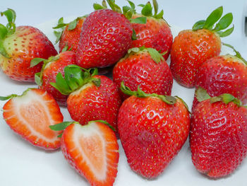 High angle view of strawberries on table