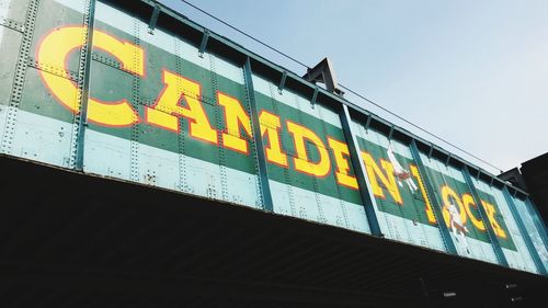 Low angle view of information sign against sky