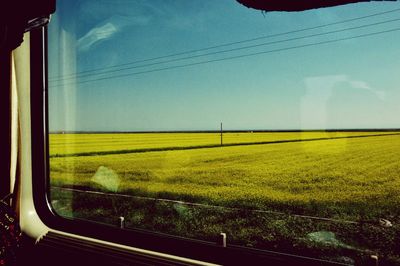 Scenic view of field seen through train window