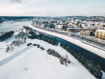 High angle view of city during winter