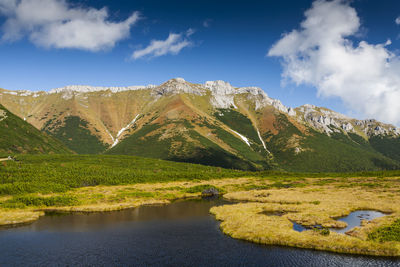 Scenic view of lake and mountains against sky