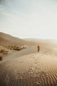 Rear view of man on sand at beach against sky