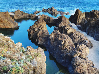 High angle view of rocks at sea shore