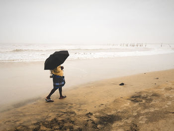 Rear view of man on beach against sky