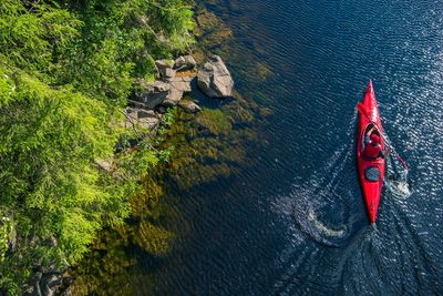 High angle view of person kayaking in river