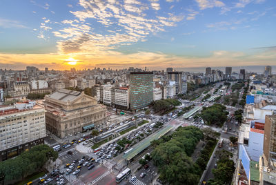 High angle view of townscape against sky during sunset