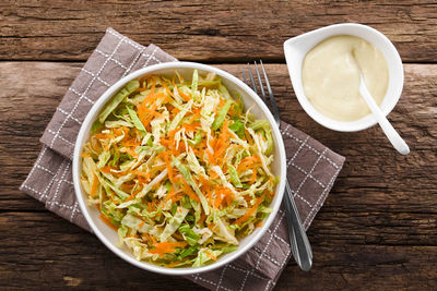 High angle view of soup in bowl on table